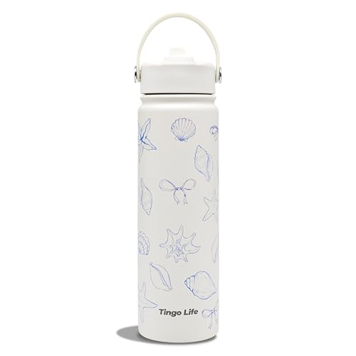 Tingo Life 25oz Stainless Steel Water Bottle with Straw Lid - Double Wall Vacuum Insulated Tumbler, Leak Proof Flip Top, Cute Coastal Seashell Starfish Design, Dishwasher Safe, BPA Free