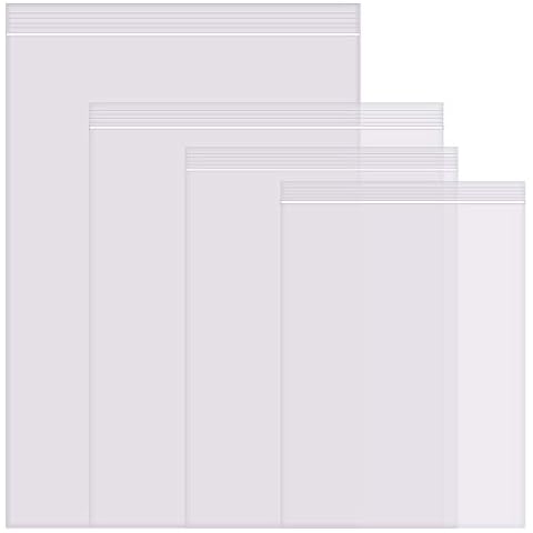 200 Pack Clear Large Poly Ziplock Mail Bags. 4 Assorted Sizes, 9x12 10x13 13x15 13x18 Inches. 2 MIL Thick, Resealable Food Grade PP Plastic Zip Baggies for Foods, Clothes, Travel Supplies Cover