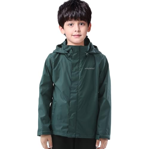 Boys Girls Rain Jacket,Kids Lightweight Waterproof Hooded Raincoats Windbreakers,Outdoor Hiking Coat Dark Green 9-10