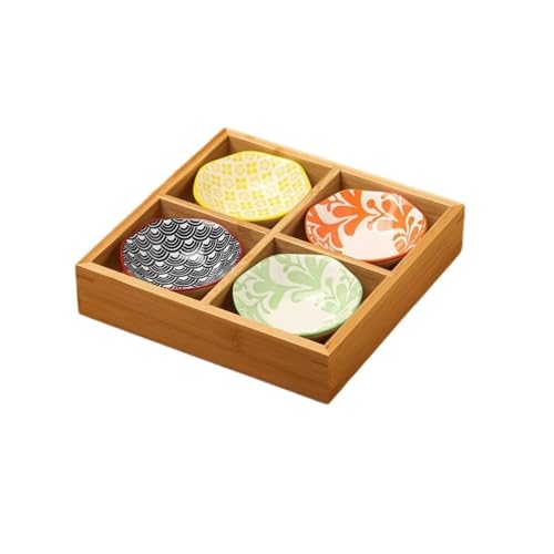Giawkca皿、小皿セット、和風、竹皿、陶器、前菜皿、盛り鉢、深皿、仕切り付き、天然木、9点小鉢セット、醤油盆、前菜皿、盛り鉢、和食器、陶磁器、アイスクリーム、ソース盆、鍋、バーベキュー、寿司レストラン (4マス竹格子 + 蓮型プレート 4枚)