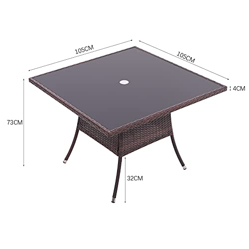 The Fellie Patio Table Garden Rattan Table Tempered Glass Tabletop 105cm Square Coffee Tables Outdoor Bistro Tables with Umbrella Hole,Brown 3 The Fellie Patio Table Garden Rattan Table Tempered Glass Tabletop 105cm Square Coffee Tables Outdoor Bistro Tables with Umbrella Hole,Brown - Image 3