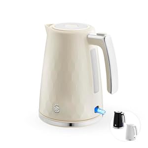 Swan Hexton 1.7L Electric Kettle, 3KW Rapid Boil, Flip Top Lid, Removable Limescale Filter, 360-Degree Base, Cord Storage, Cream with Chrome Accents, SK19038CRM