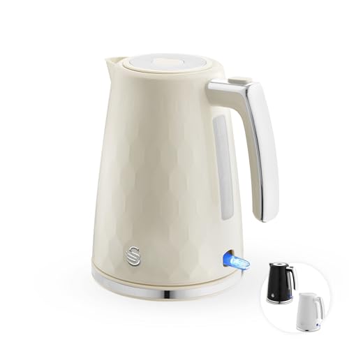Swan Hexton 1.7L Electric Kettle, 3KW Rapid Boil, Flip Top Lid, Removable Limescale Filter, 360-Degree Base, Cord Storage, Cream With Chrome Accents, SK19038CRM
