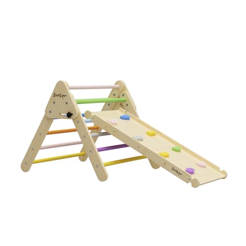 Image of BanaSuper Colorful 2 in 1 Triangle Climber with Ramp Foldable Wooden Climbing Triangle Ladder Set Toddler Montessori Climbing Toys for Baby Ourdoor Indoor Playground Play Gym Gift for Boys Girls
