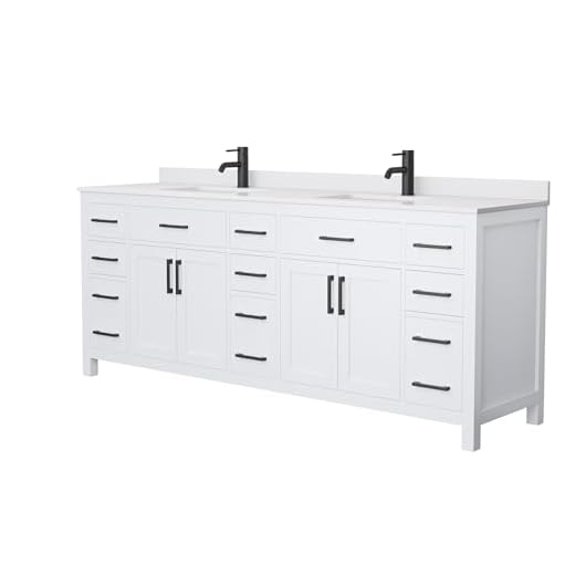 Beckett 84 Inch Double Bathroom Vanity in White, White Cultured Marble Countertop, Undermount Square Sinks, Matte Black Trim