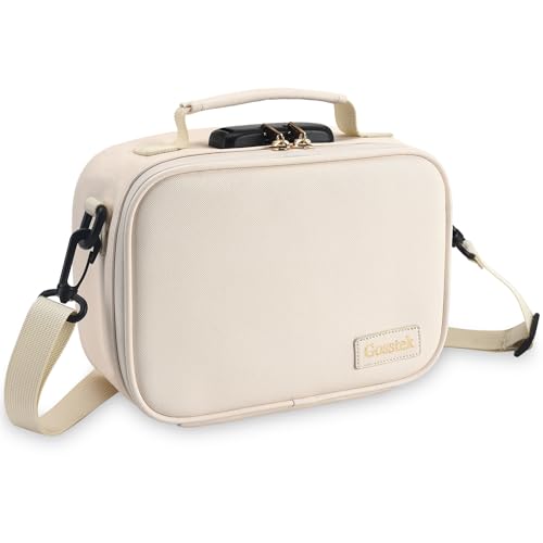 Gosstek Bolsa de armazenamento de couro PU com cadeado combinado, caixa organizadora premium, caixa de maquiagem durável para casa e viagem (bege)..