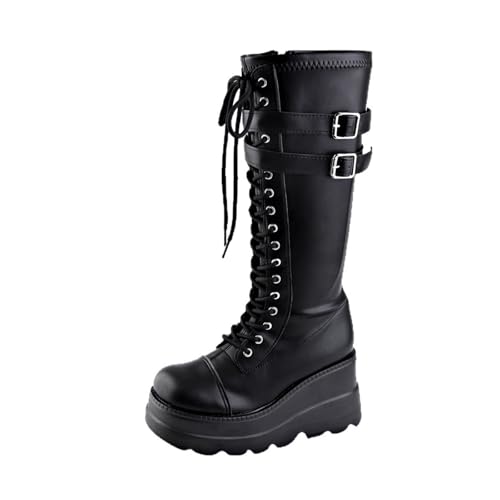 mid calf boots women Platform Boots for Women Handsome Goth Thick boot Women's Motorcycle Winter Punk Style High Knee High Chunky Heel Gothic Boot Combat Booties Zip goth shoes Black 7