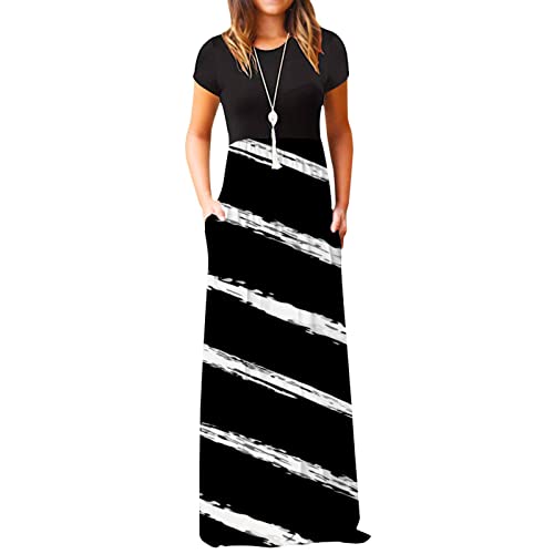 Summer Maxi Dresses For Women Casual Floral Printed Color Block Contrast Sleeveless Cold Shoulder Dress With Pockets #TOP7