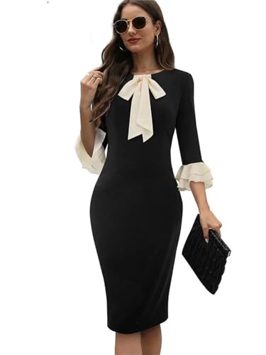 Generic Women Chic Patchwork with Bow Dresses Formal Business Party Elegant Bodycon Dress2