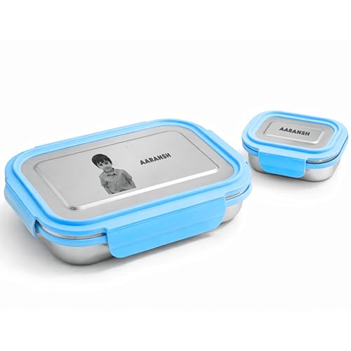 Image of Personalized Stainless Steel Lunch Box for Kids - Photo & Name Permanently Printed - Ideal for School, Students, Children - Durable and Safe Food Container - Customizable Design - Blue Color