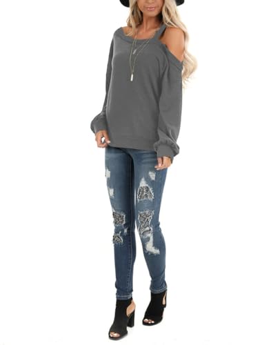 Image of Ezbelle Womens Sweaters Oversized Long Sleeve Cold Shoulder Tops Shirt Tunic Sweatshirt