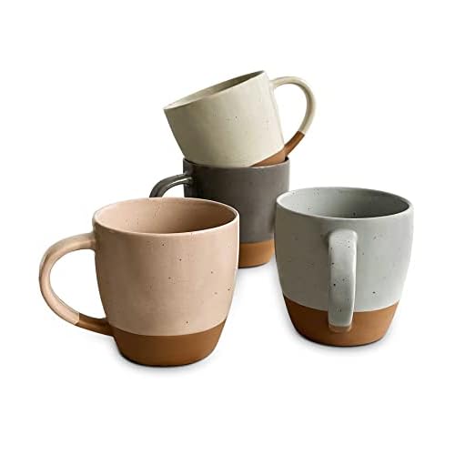 Mora Ceramic Large Latte Mug Set of 4, 16oz – Microwavable, Porcelain Coffee Cups With Big Handle – Modern, Boho, Unique Style For Any Kitchen. Microwave Safe Stoneware – Assorted Neutrals
