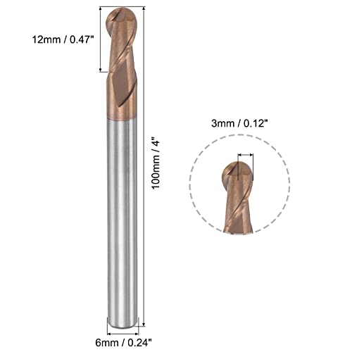 Image of uxcell Ball Nose End Mill 3mm Tip Radius Solid Carbide AlTiSin Coated CNC Router Bits 2 Flute Spiral Milling Cutter HRC55 with 6mm Shank 100mm (4-inch) Length
