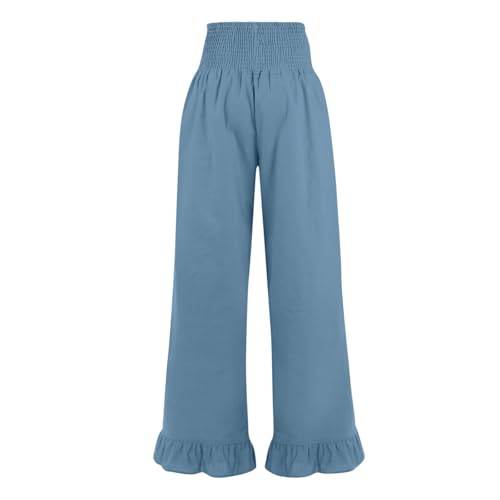 Image of Womens Linen Palazzo Pants Ruffle Hem Drawstring Boho Trousers Beach Travel Vacation Outfits