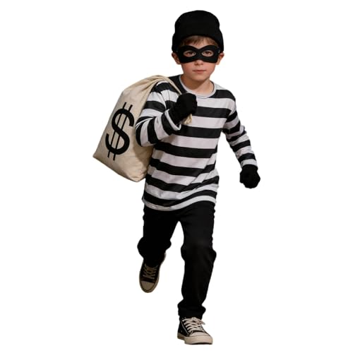Celanisai Disfraz de ladrón para niños, disfraz de ladrón de bancos con parte superior a rayas, gorro de punto, máscara, saco de dinero, billetes, disfraz de carnaval para niñas, para cosplay