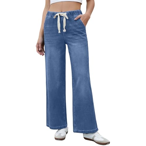 Pantalones vaqueros de pierna ancha para mujer con cintura alta ajustable