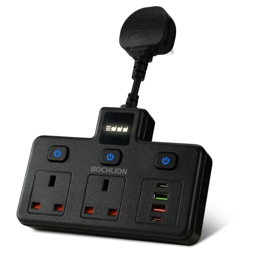 Plug Extension Socket with 4 USB Slots PD20W & QC3.0, BOCHLION 2 Way Multi Plug Adapter with Independent Switches and Night Light, Wall Socket Surge Protector Short Extension Lead (3250W/13A)-Black