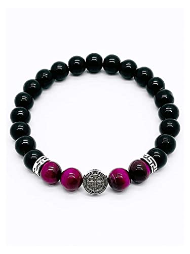 Pulsera de piedras naturales con medalla San Benito para protección