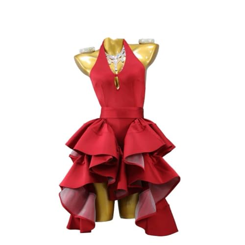 ZYDANC Professional Latin Competition Dancewear V-Neck Salsa Rumba Dance Dress Cha Cha Performance Dresses Strapless,Red,XS