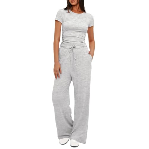 Lounge Sets for Women Casual Workout Two Piece Outfits Short Sleeve Crop Top Foldover Flare Pant Yoga Sweatsuit Outfit2