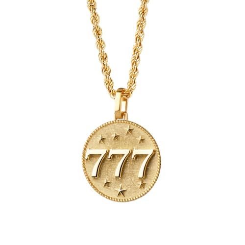 14K Solid Gold 777 Angel Number Necklace - Luck Spiritual Awakening Medallion Pendant - Angel Numbers Coin Charm - Divine Guidance Faith Symbol Jewelry - Minimalist Meaningful Numeric Statement Piece