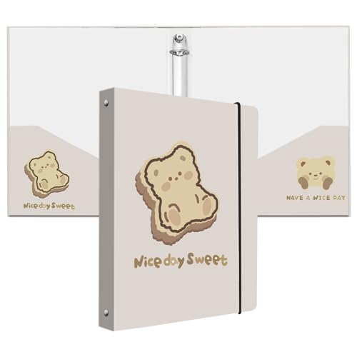 Miwasion Cute Mini 3 Ring Binder for Sturdy 1 Inch Round Rings Letter-Size Paper(5.5" x 8.5") Small Binder Organizer for School Supplies and Office Supplies (Beige Bear)