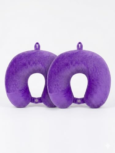Image of Ultra Soft Travel Neck Pillow with Hanging Loop Snap Button Closure for Home Office and Airplane Flight, Bus, Car, Train Travelling Use [Purple] (Pack of 2)