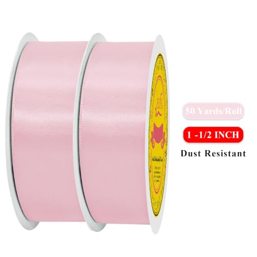 Image of 100 Yards Light Pink Satin Ribbon Polyester Ribbon for Gift Wrapping Very Suitable for Weddings Party Hair Bow Invitation Decorations and More(1-1 /2 inch X 50Yards X 2 Roll)