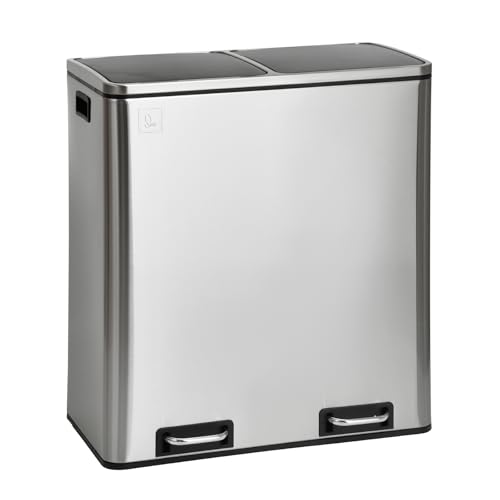 SVITA TM2X30 Treteimer 60 Liter Abfalleimer Mülleimer Design Mülltrennung Papierkorb Küchen-Ordnung Trennsystem herausnehmbare Inneneimer mit Henkel mit Schließdämpfer Silber