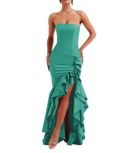 Strapless Prom Dress for Womens Ruffles Satin Wedding Party Maxi Dress Bodycon Cocktail Gowns with Slit