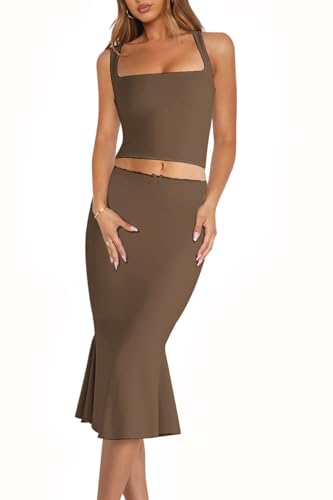 Image of CHYRII Womens Two Piece Sets Sleeveless Squre Neck Cropped Top Bodycon Midi Skirt Midi Dress Outfit