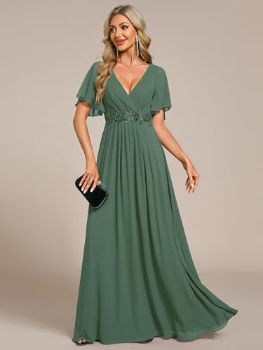 Image of Ever-Pretty Womens V Neck Applique Mother of the Bride Dresses Formal Dress | Chiffon, Short Sleeves, Ruched, A-Line, Bridesmaid Dresses, Formal Gown, Black Tie Dress