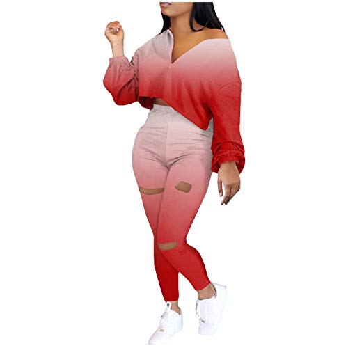 Women's 2 Piece Tie-dye Club Outfits Long Sleeve V Neck Crop Tops High Waist Cut Out Bodycon Pants Set Tracksuit