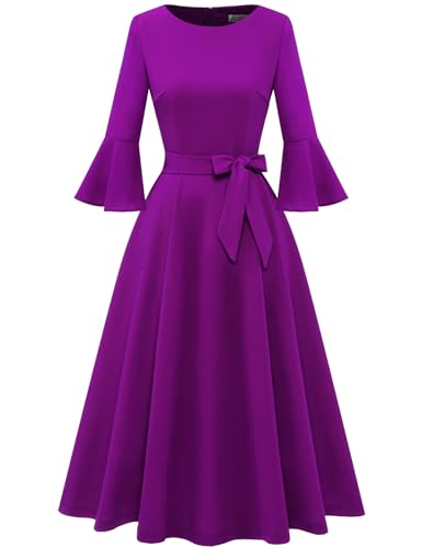 Image of HomRain Women's Church Dresses Modest Bell Sleeve Wedding Guest Cocktail Tea Party Vintage Evening Dress