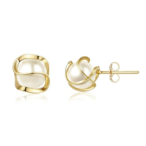 EVER FAITH Fashion 14K Gold Plated Caged Faux Pearl Stud Earrings Hypoallergenic Wedding Anniversary Prom Birthday Jewelry Gifts for Women