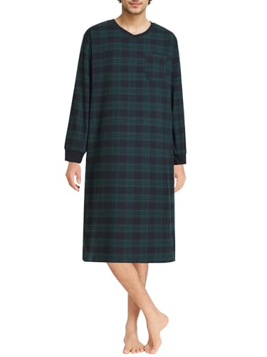 Esenchel Men's Cotton Flannel Nightshirt Long Sleeve Sleep Shirt with Pockets