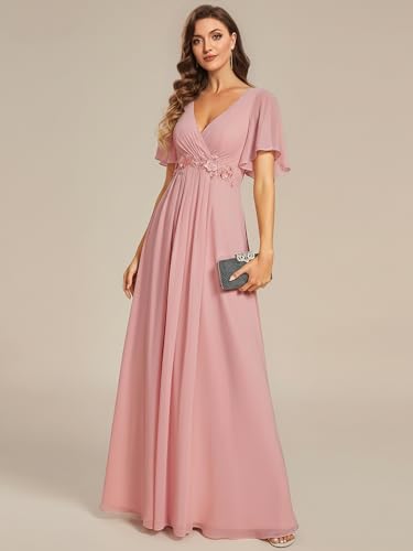 Image of Ever-Pretty Women's Spring Short Sleeve Bridesmaid Dresses V-Neck Chiffon Ruched Empire Waist Appliques Long Formal Dress