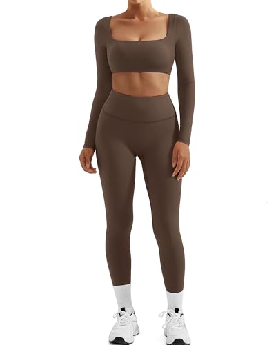 SUUKSESS Women 2 Piece Workout Sets Compression Tummy Control Leggings with Pockets Long Sleeve Square Neck Padded Crop Tops Sports Bra Scrunch Booty Lifting Yoga Pants (Brown, M)