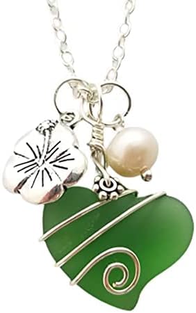 Yinahawaii Handmade Sea Glass Necklace, Wire Heart Necklace, Charm and Pearl Necklace, Sea Glass Jewelry Birthday Gift For Women