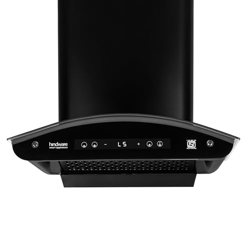 Hindware Smart Appliances | Alexio Plus BLDC 75 cm Chimney | 1450 CMH | Curved Glass | Filterless | Auto Clean | Touch Control, Motion Sensor | 12 Yrs Warranty on Motor & 3 Yrs on Product (Black)