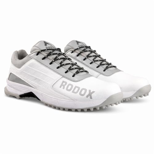 Image of RODOX Cricket Shoes with TPU Shank Rubber Outsole with Multidirectional Grip White Grey