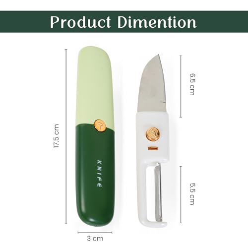 Image of TRUESOLE 2 in 1 Peeler Knife Set - Stainless Steel Foldable Travel Knife with Peeler, Compact & Lightweight, Portable Kitchen Tool for Fruits & Vegetables, Pocket Knife with Case Cover (Green)