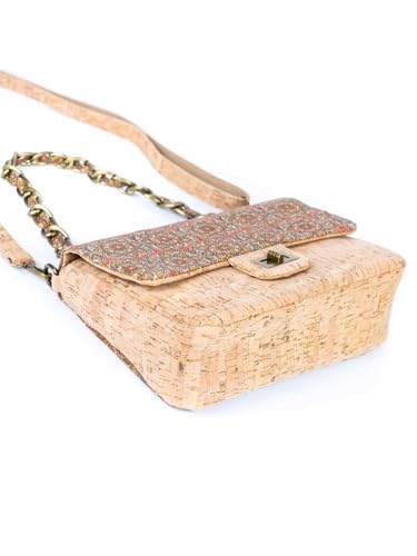 Women's Cork Crossbody Shoulder Bag with Chain Strap, Portuguese Tile Print, Natural Cork Material, 11W x 3.5D x 8H inches4