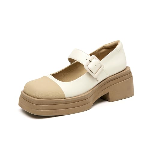 Image of BEAU TODAY Women's Beige Mary Jane Pumps, Size 12, Casual Dress Shoes for Women, Spring /Autumn /Fall, Platform Heel, Leather Sole