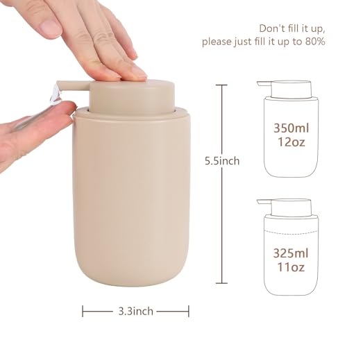Image of BosilunLife Khaki Soap Dispenser Set - 2 Pack 12oz Ceramic Dish Soap Dispenser with Rust Proof Pump for Kitchen, Hand Soap and Lotion Set Suitable for Farmhouse Bathroom Decor with Waterproof Labels