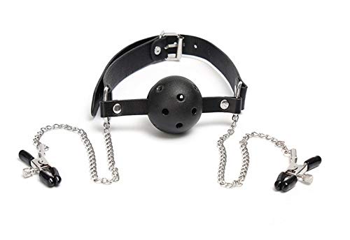 Bavaglio per Adulti con Pallina per Bocca (Ball Gag) e Catena con Morsetti Seno, Pinze Strizza Capezzoli, Morso per Bocca Sadomaso