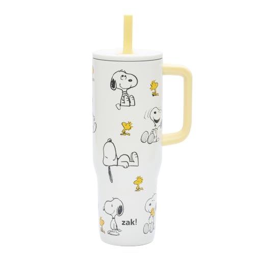Zak Designs Peanuts Sutton Travel Tumbler for On the Go 30oz Stainless Steel with Vacuum Insulation Silicone Straw and Carry Handle for Cold Drinks BPA Free (Snoopy & Woodstock)