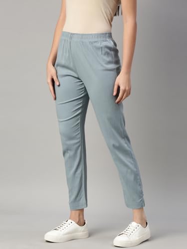 Image of MINELLI Women Solid Cigar Pants, Cotton Lycra Slub Fabric, Elasticated Waistband, Pull On Style, Regular Fit Bottom Wear for Western and Ethnic Wear