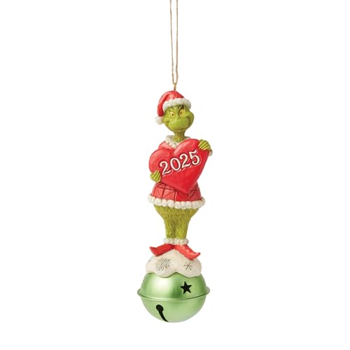 Enesco Dr. Seuss Grinch by Jim Shore Standing on a Jingle Bell 2025 Dated Hanging Ornament, 5.5 Inch, Multicolor
