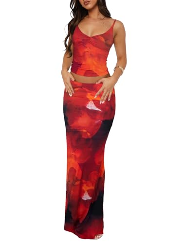 Image of Two Piece Skirt Set for Women - Sexy Sleeveless Spaghetti Strap Pleated Tank Top Maxi Long Skirts Sets
